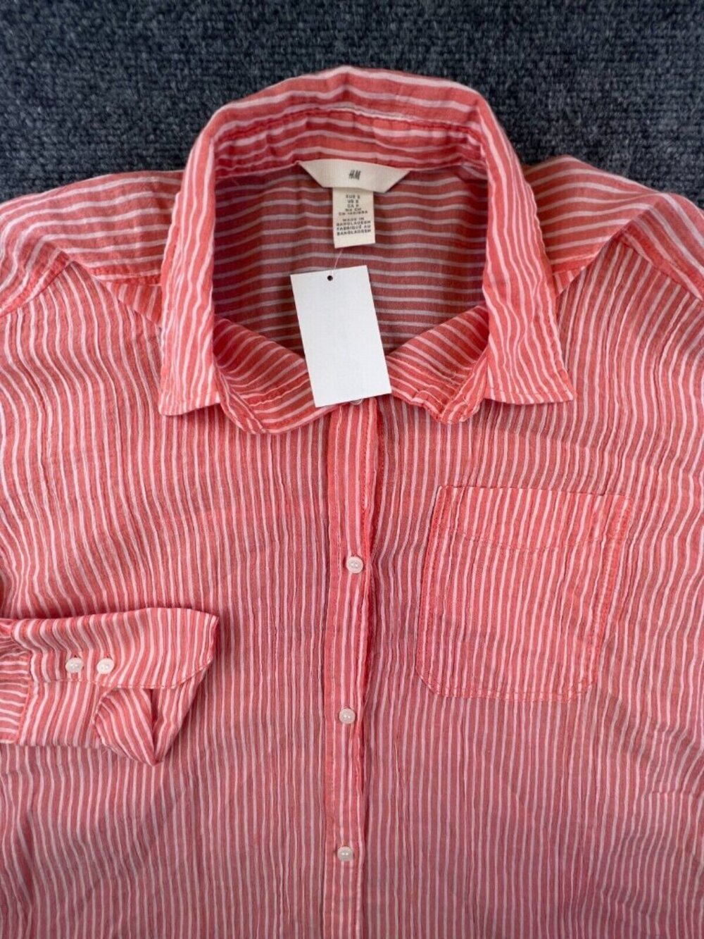 H&M Orange White Striped Long Sleeve Small Button Up Shirt Women Cotton